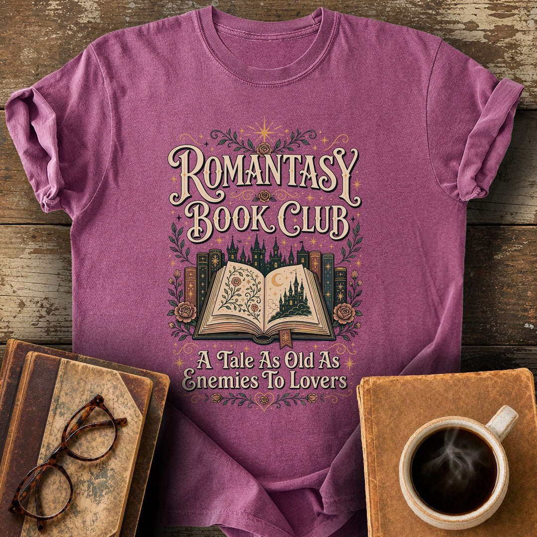 Romantasy Book Club Enemies To Lovers T-Shirt - berry shirt mockup