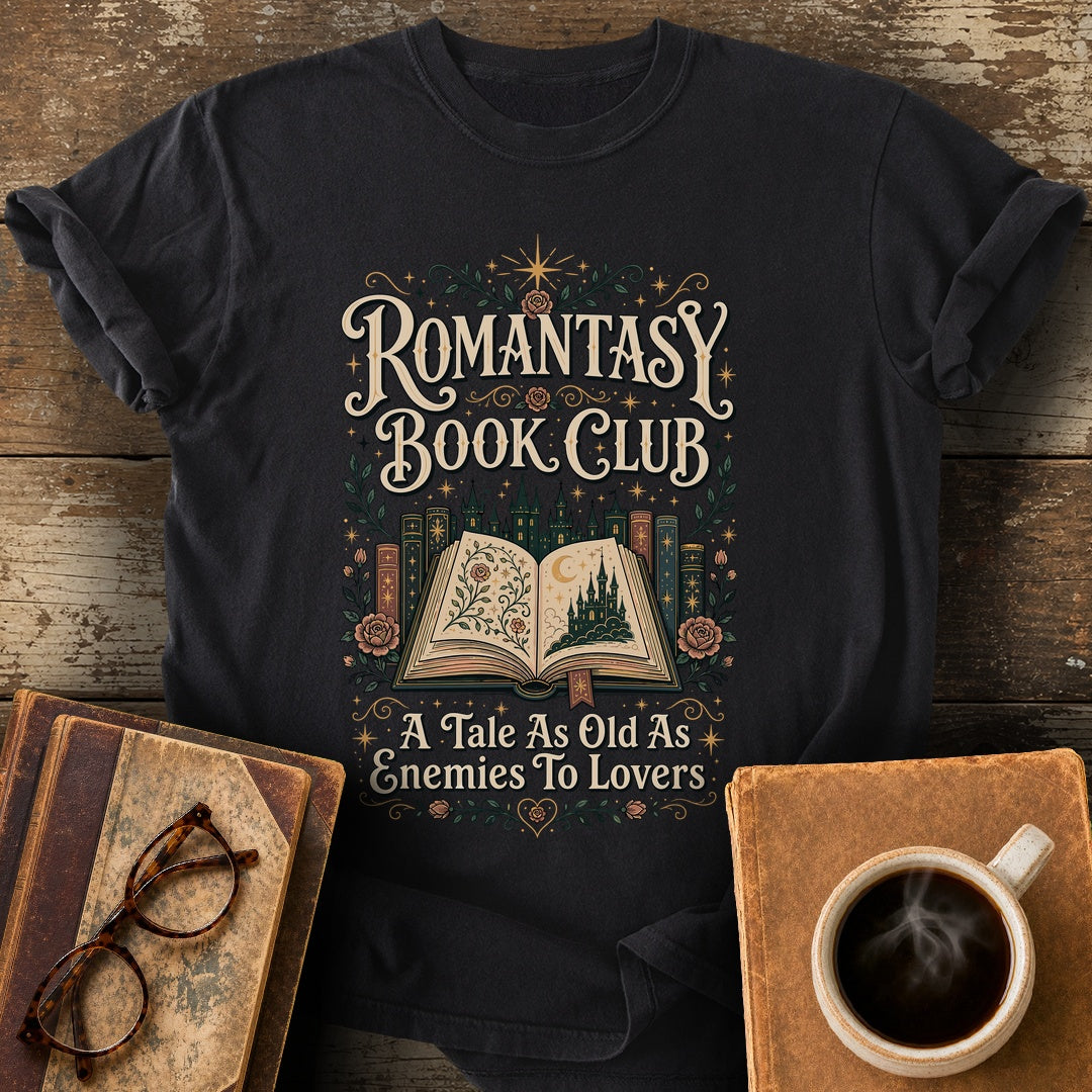 Romantasy Book Club Enemies To Lovers T-Shirt - black shirt mockup