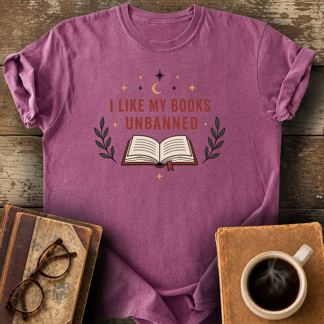 I Like My Books Unbanned T-Shirt - berry shirt mockup