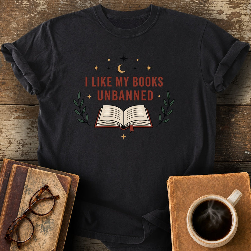 I Like My Books Unbanned T-Shirt - black shirt mockup