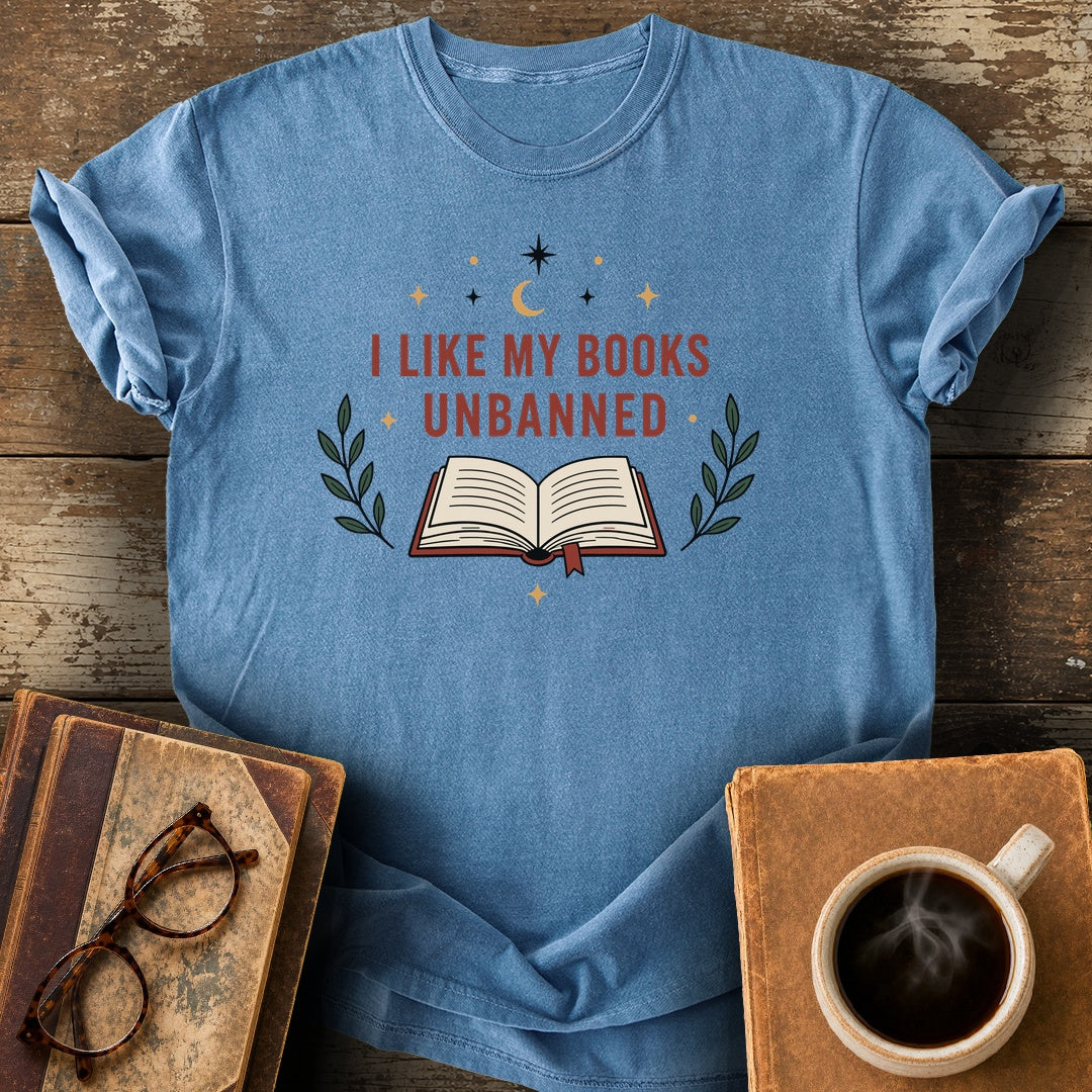I Like My Books Unbanned T-Shirt - blue jean shirt mockup