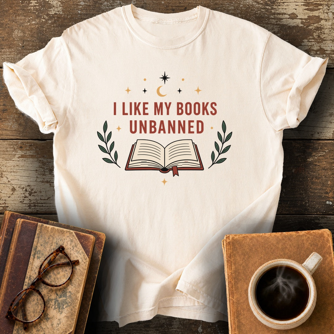 I Like My Books Unbanned T-Shirt - ivory shirt mockup