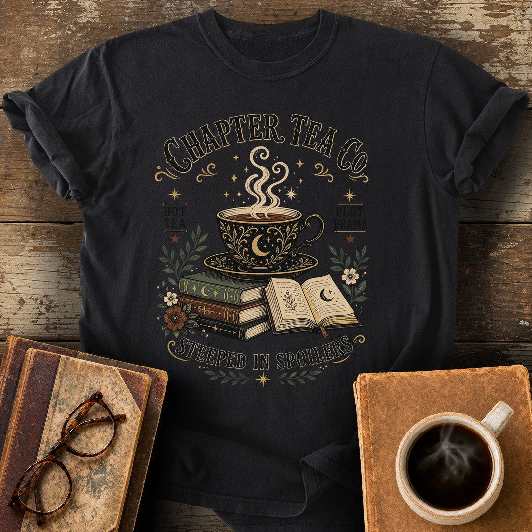 Chapter Tea Co Steeped In Spoilers T-Shirt - black shirt mockup