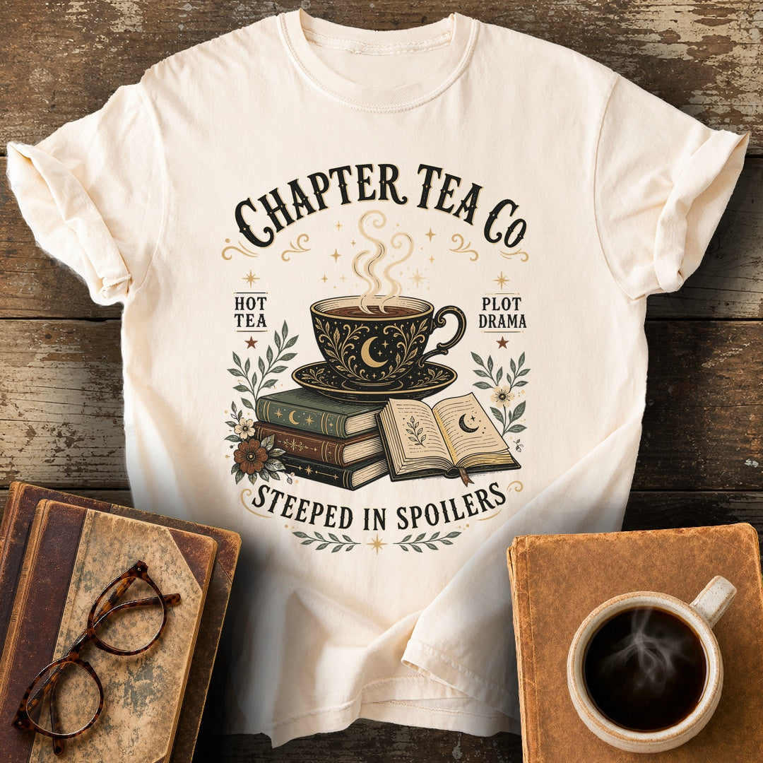 Chapter Tea Co Steeped In Spoilers T-Shirt - ivory shirt mockup
