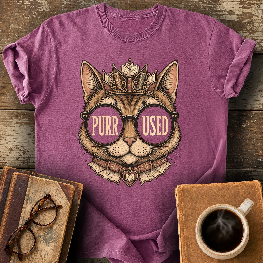 Purr-Used Books Cat Tiara Tee - berry shirt mockup