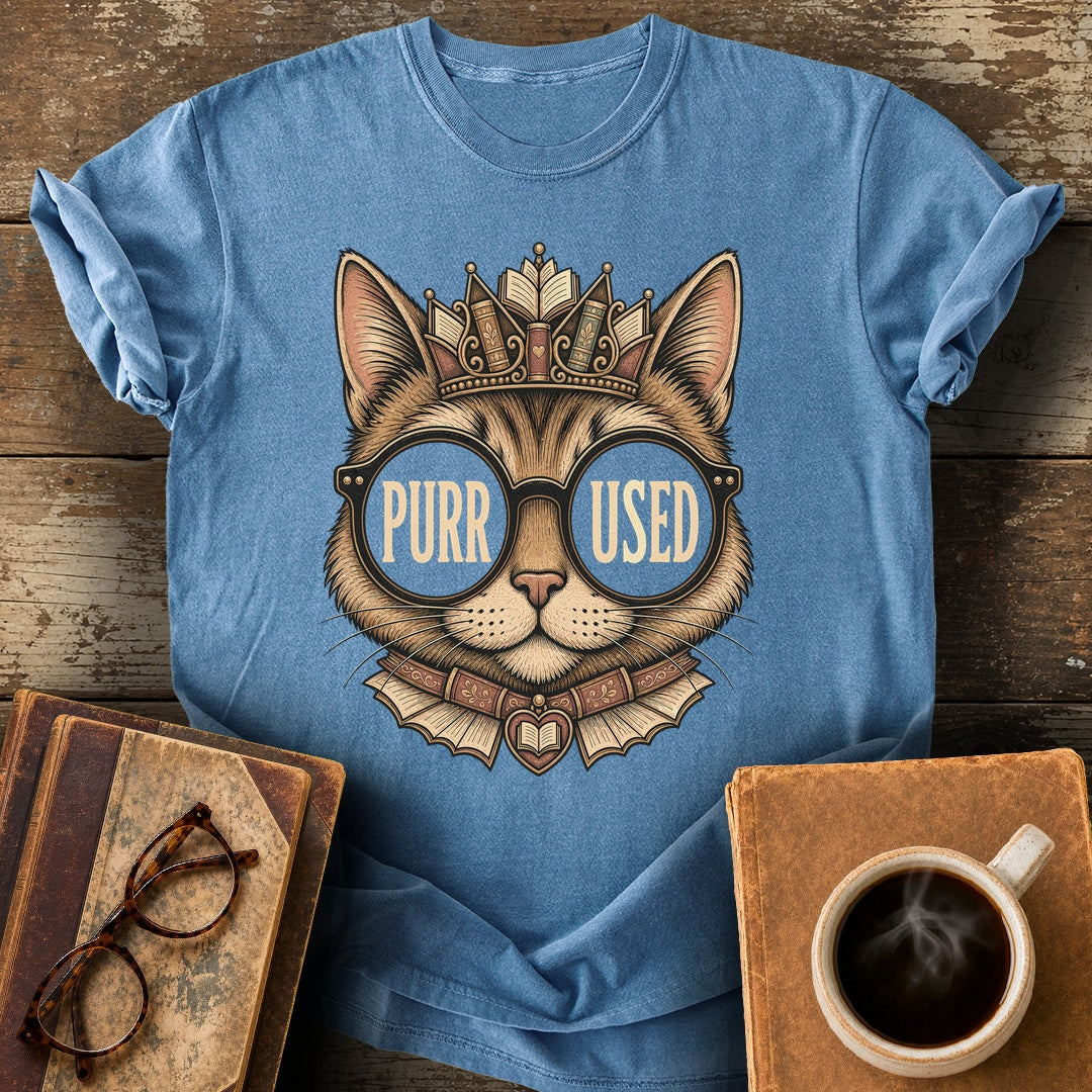 Purr-Used Books Cat Tiara Tee - blue jean shirt mockup