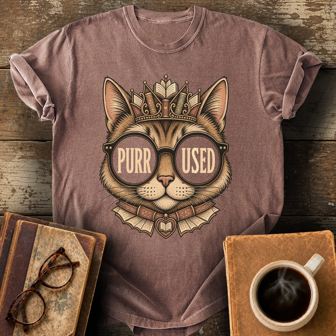 Purr-Used Books Cat Tiara Tee - espresso shirt mockup