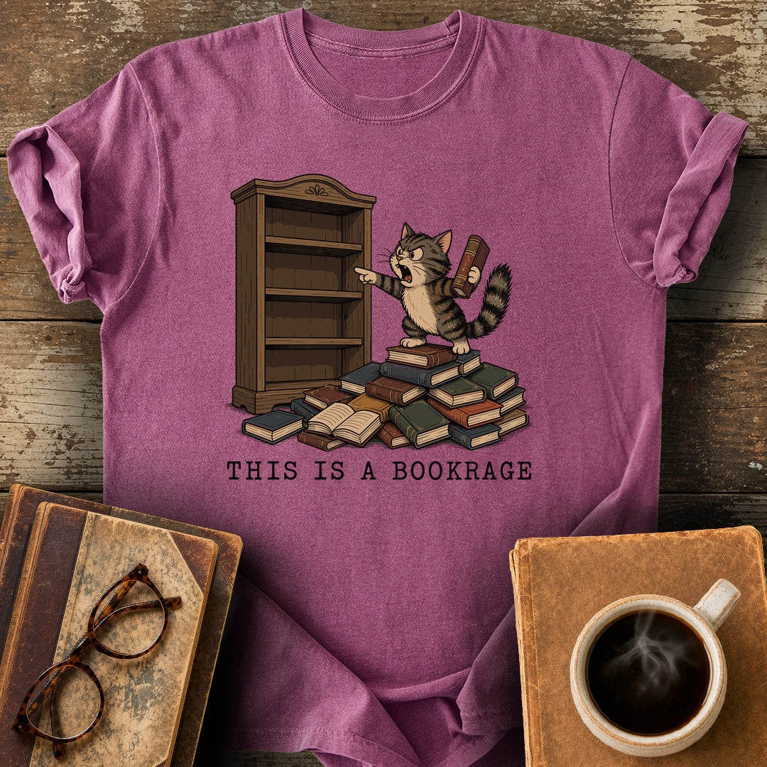 This Is a Bookrage Tee - berry shirt mockup