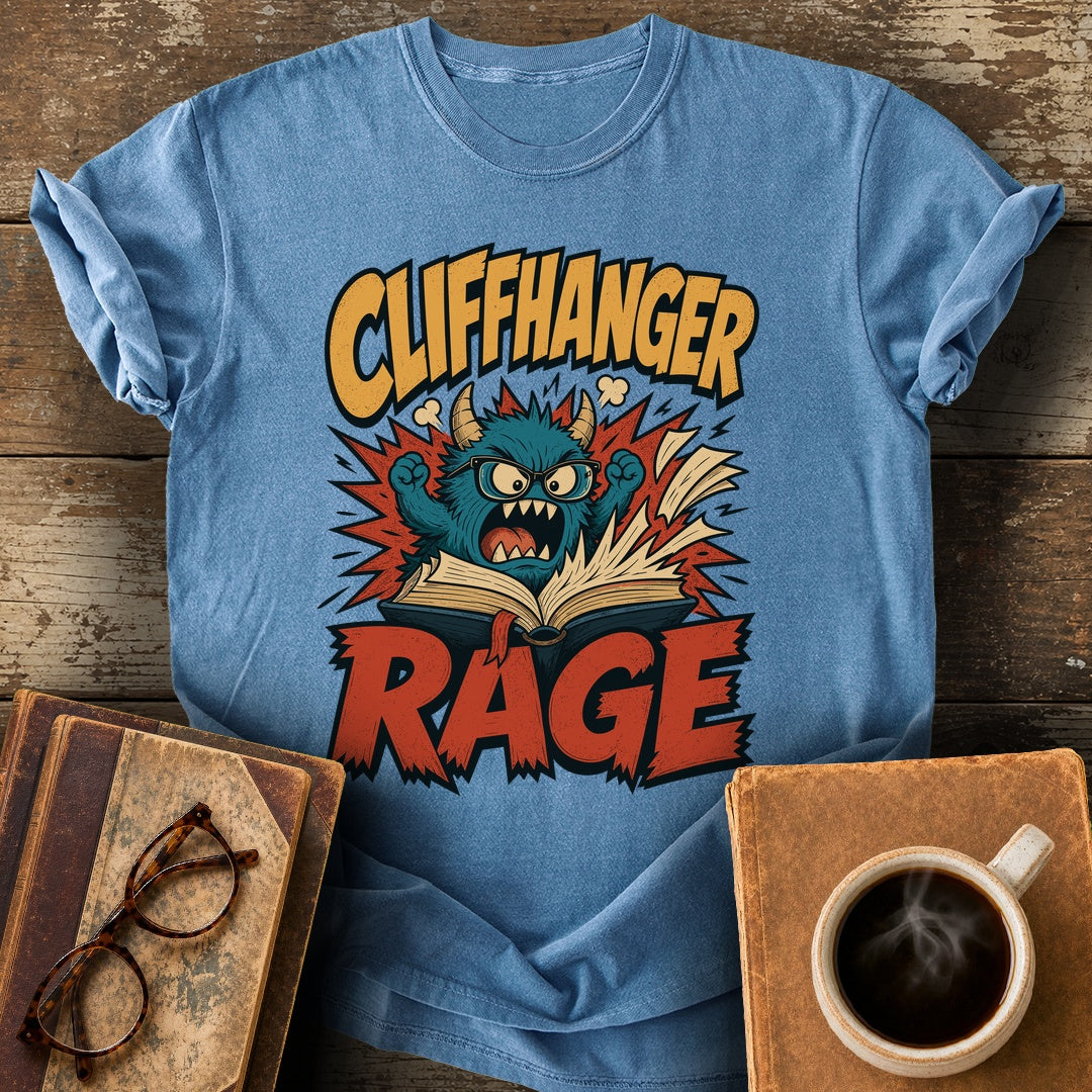Cliffhanger Rage Tee - blue jean shirt mockup