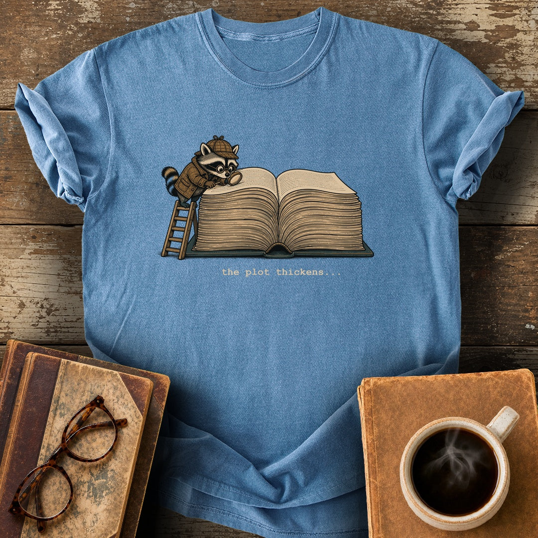 The Plot Thickens Tee - blue jean shirt mockup