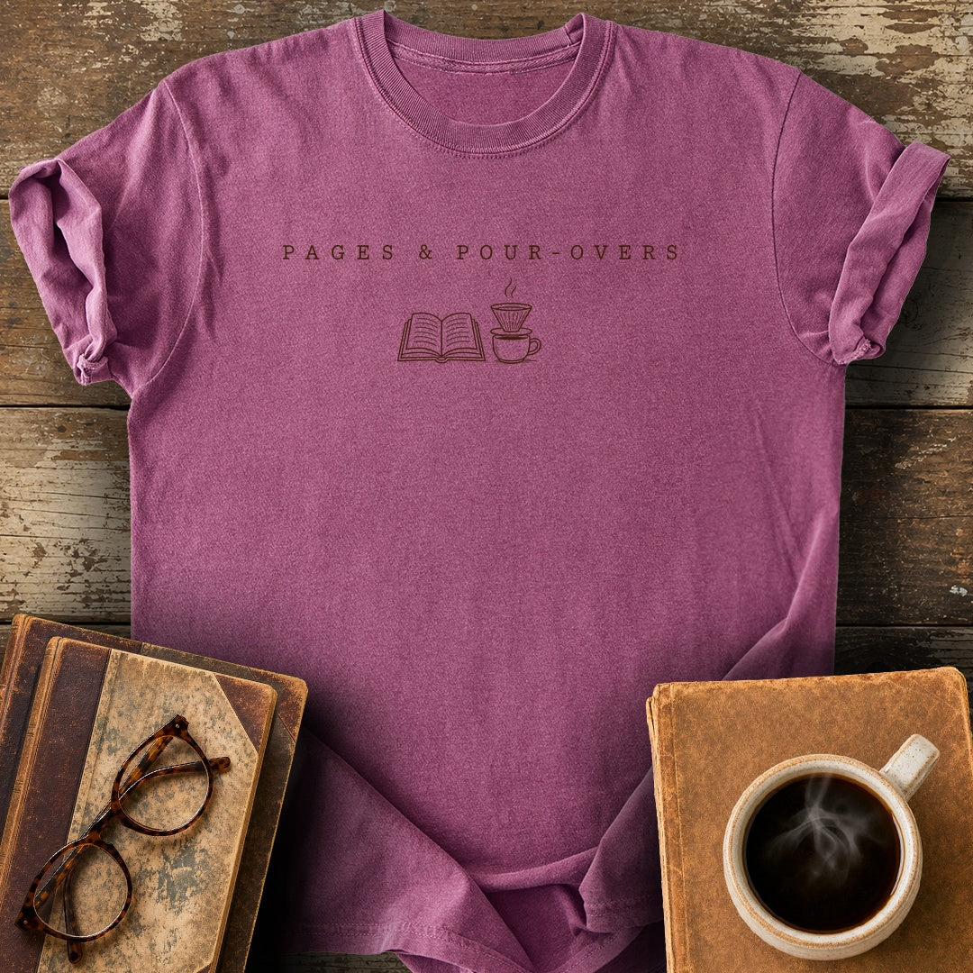 Pages and Pour-Overs Tee - berry shirt mockup