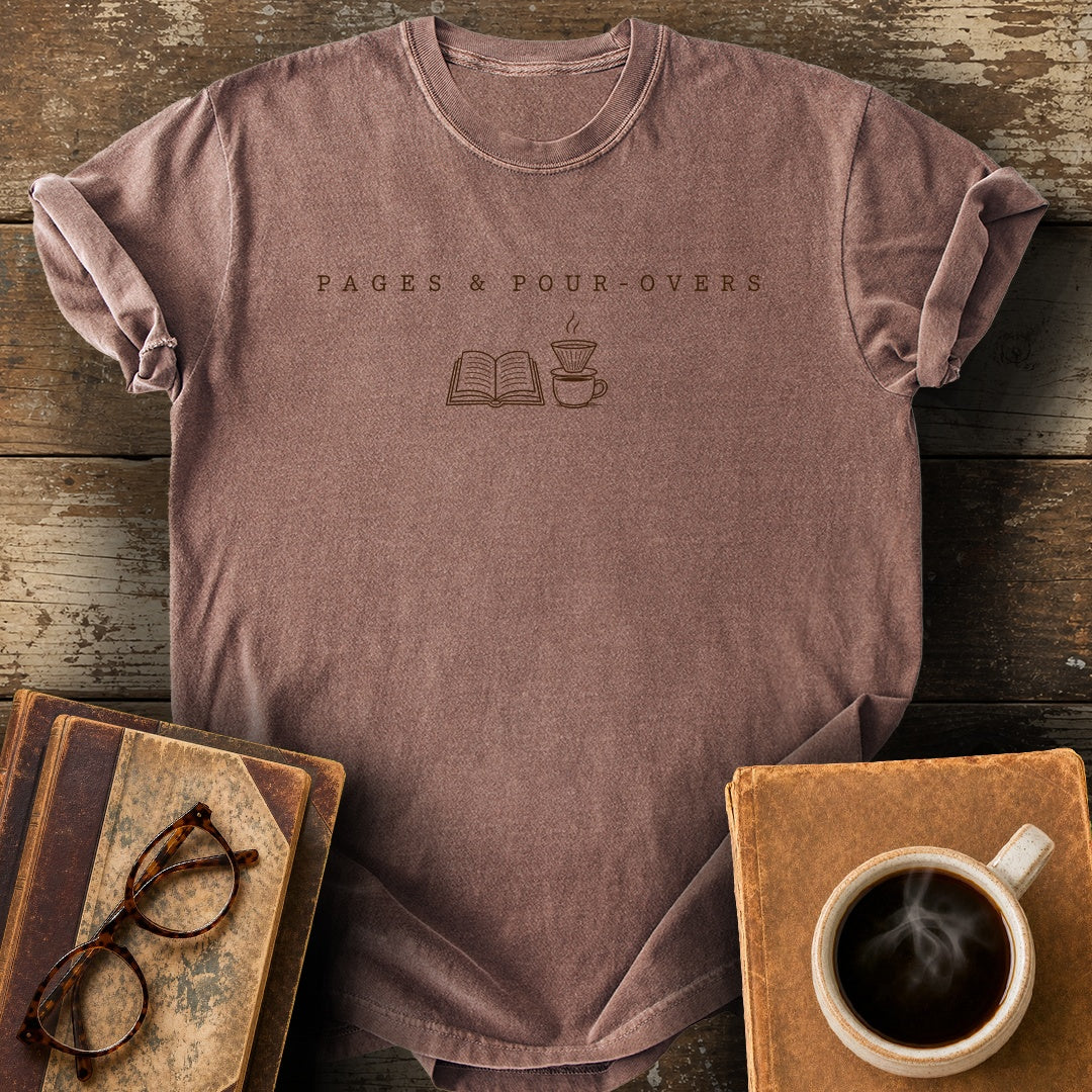 Pages and Pour-Overs Tee - espresso shirt mockup
