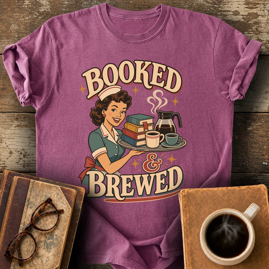 Booked and Brewed Tee - berry shirt mockup