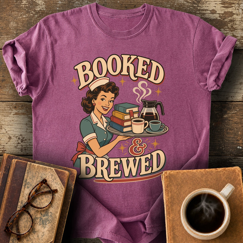 Booked and Brewed Tee - berry shirt mockup