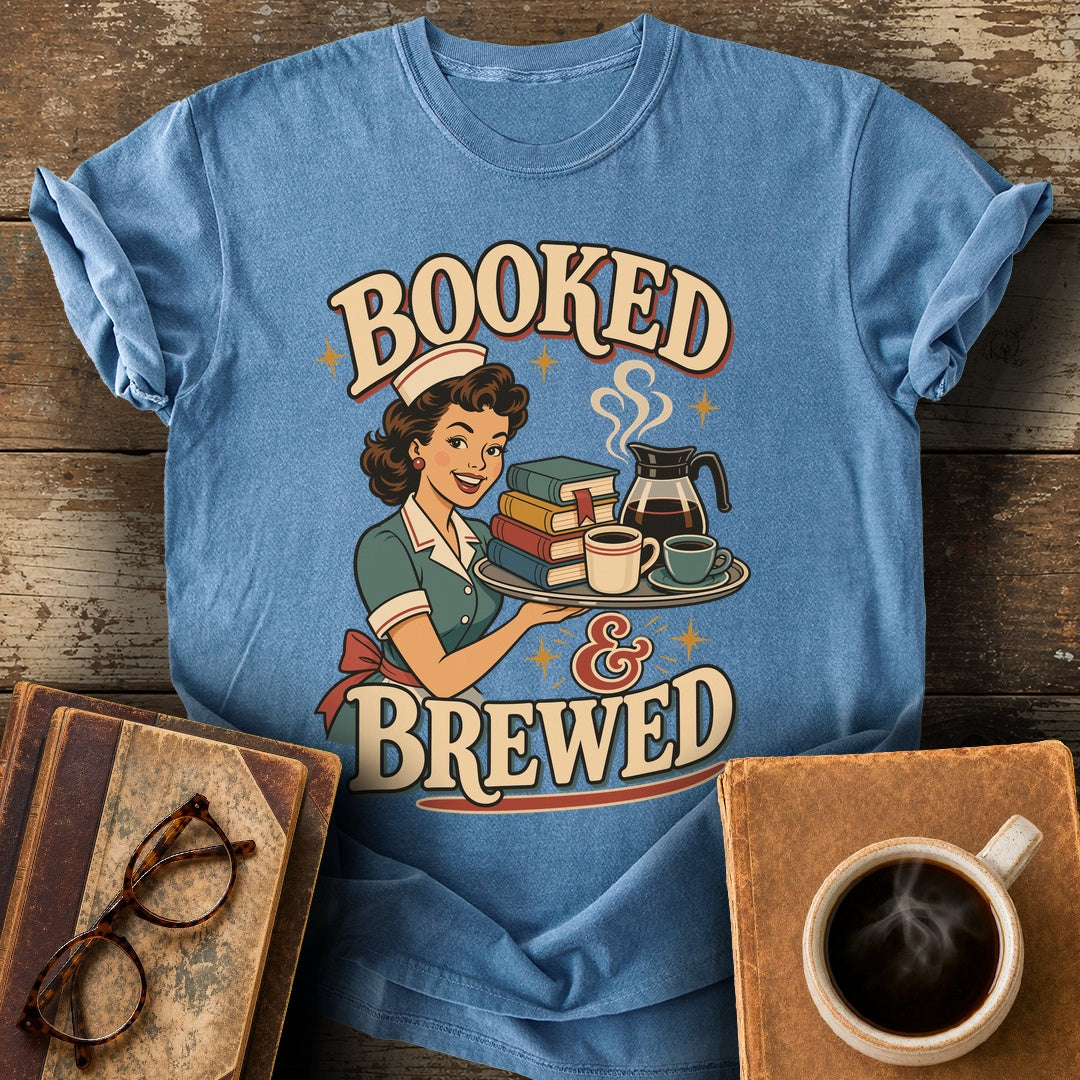Booked and Brewed Tee - blue jean shirt mockup