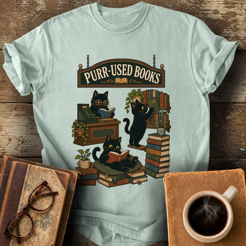 Purr-Used Books Cat Stack Tee - bay shirt mockup