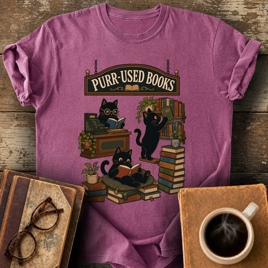 Purr-Used Books Cat Stack Tee - berry shirt mockup