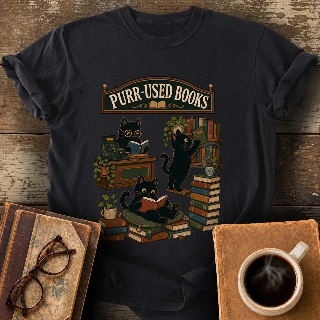Purr-Used Books Cat Stack Tee - black shirt mockup
