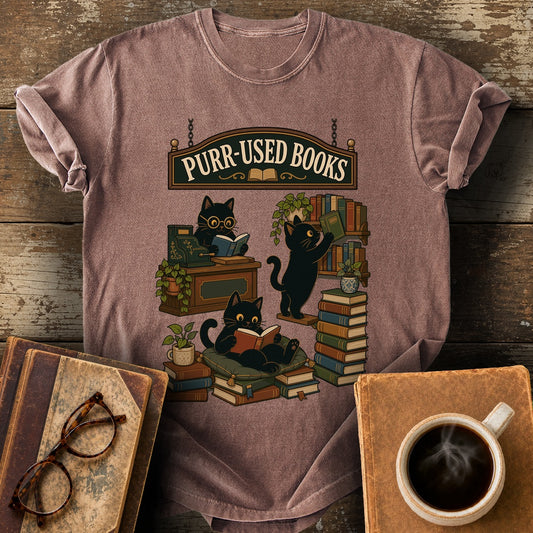 Purr-Used Books Cat Stack Tee - espresso shirt mockup