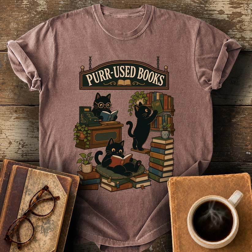 Purr-Used Books Cat Stack Tee - espresso shirt mockup