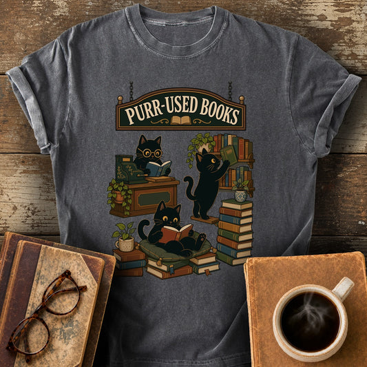 Purr-Used Books Cat Stack Tee - pepper shirt mockup