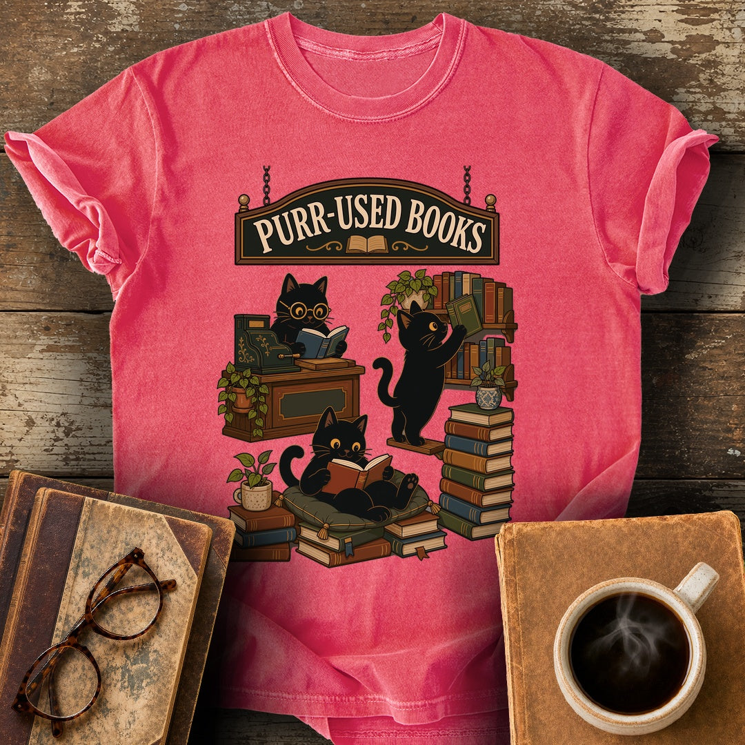 Purr-Used Books Cat Stack Tee - watermelon shirt mockup
