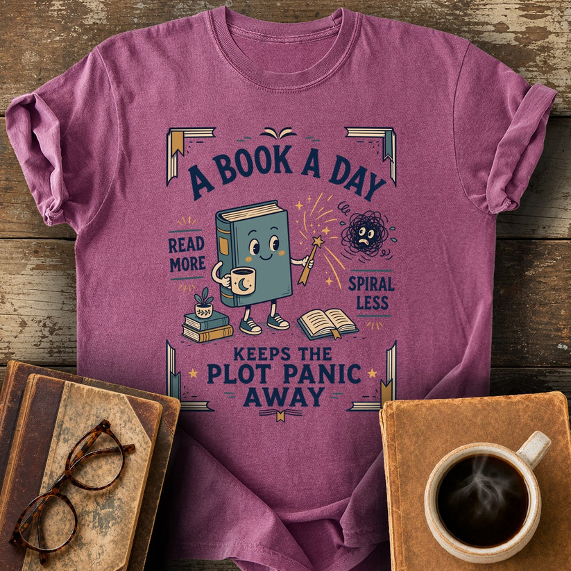 Plot Panic Tee - berry shirt mockup