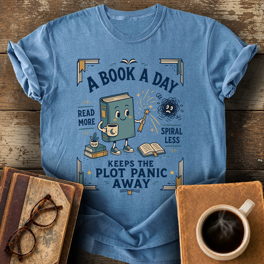 Plot Panic Tee - blue jean shirt mockup