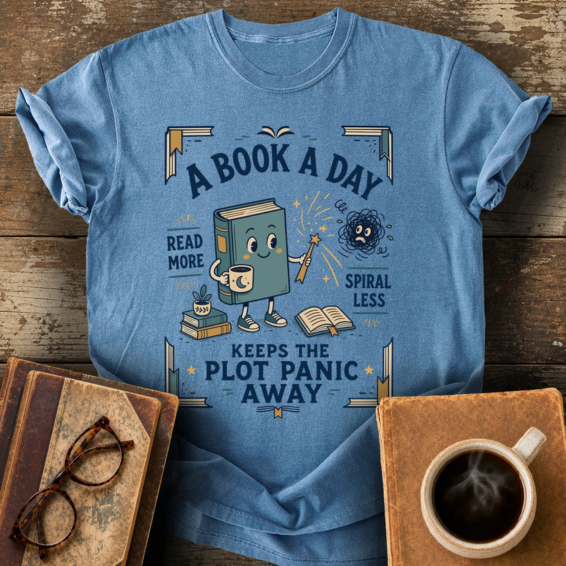 Plot Panic Tee - blue jean shirt mockup