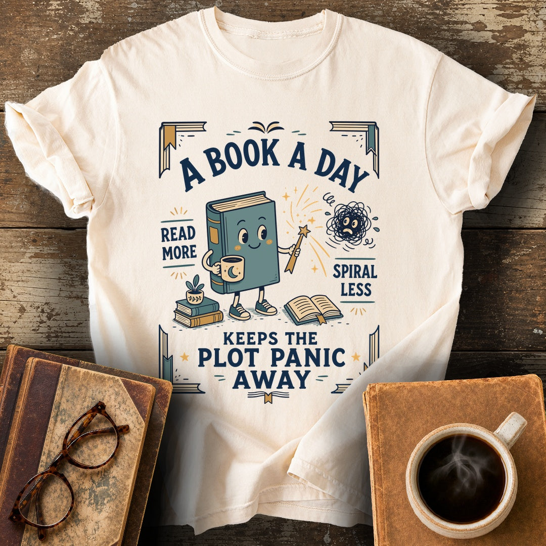Plot Panic Tee - ivory shirt mockup