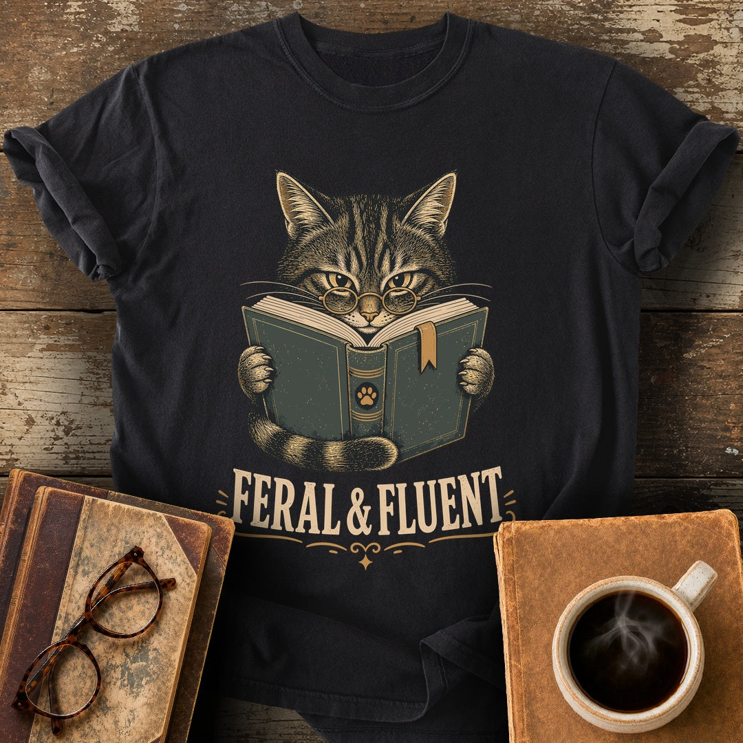 Feral and Fluent Tee - black shirt mockup