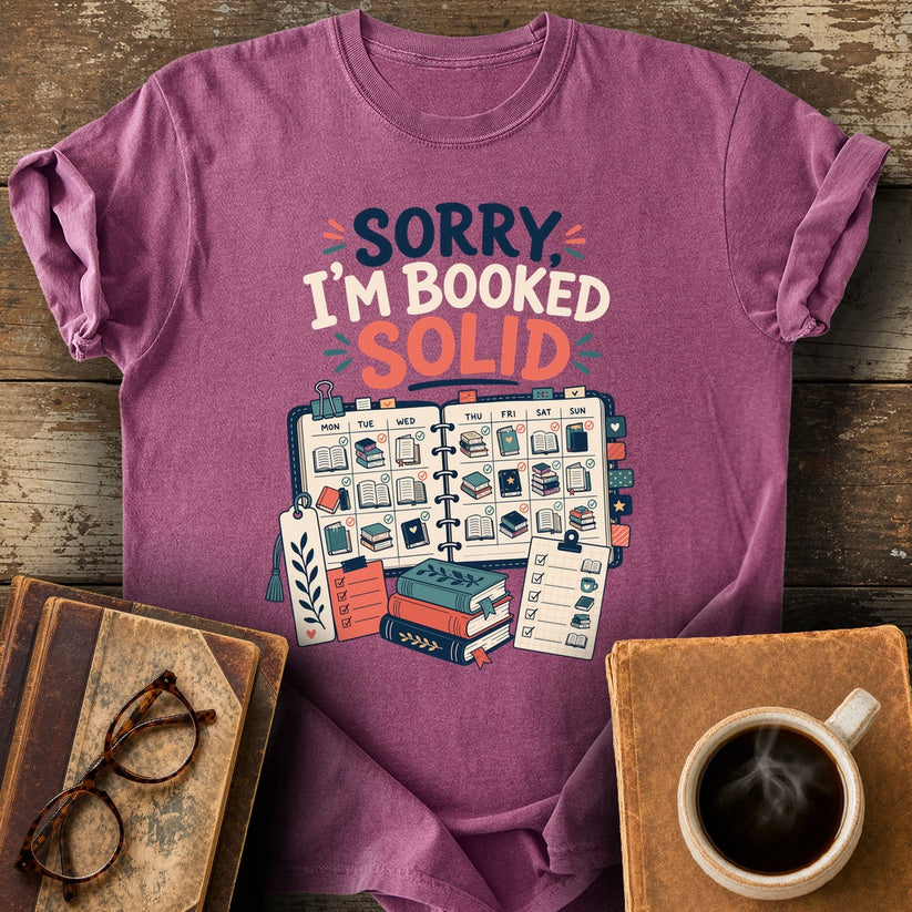 Sorry I'm Booked Tee - berry shirt mockup