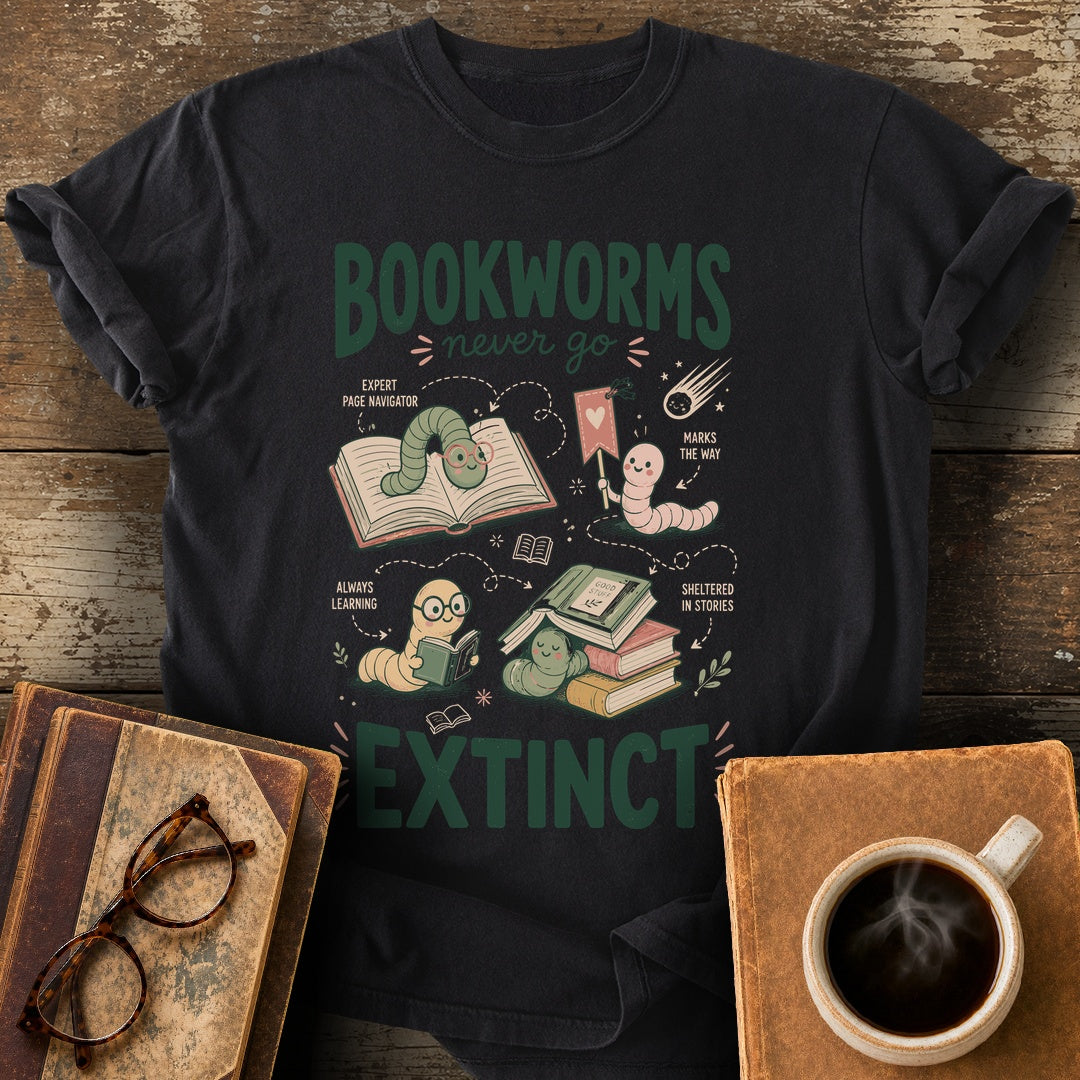 Bookworms Never Go Extinct Tee - black shirt mockup