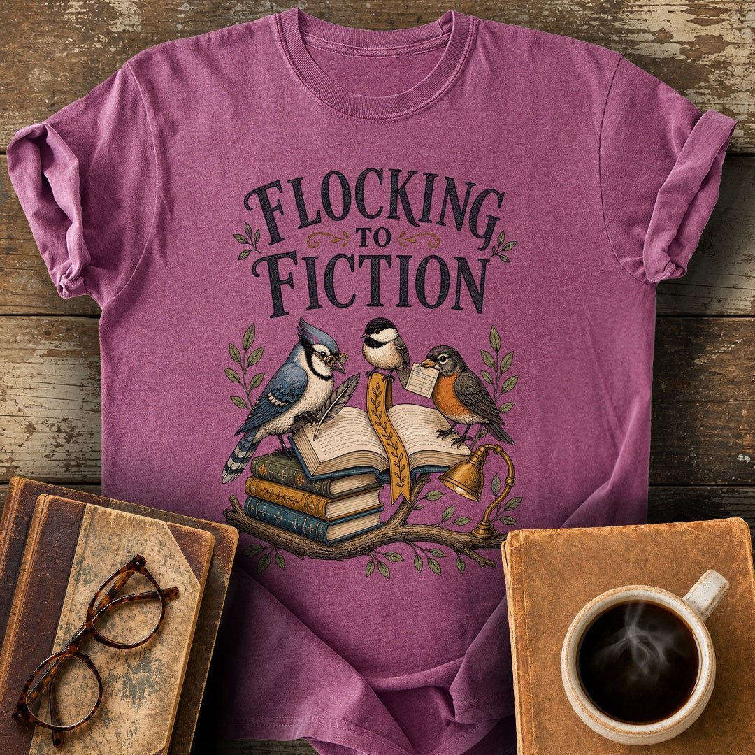 Flocking to Fiction Tee - berry shirt mockup