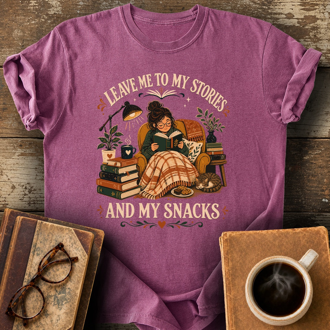 Leave Me to My Stories and My Snacks Tee - berry shirt mockup