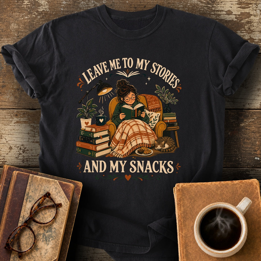Leave Me to My Stories and My Snacks Tee - black shirt mockup