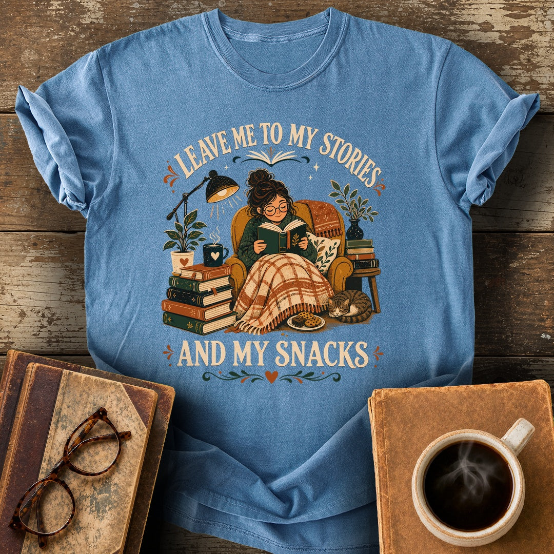 Leave Me to My Stories and My Snacks Tee - blue jean shirt mockup