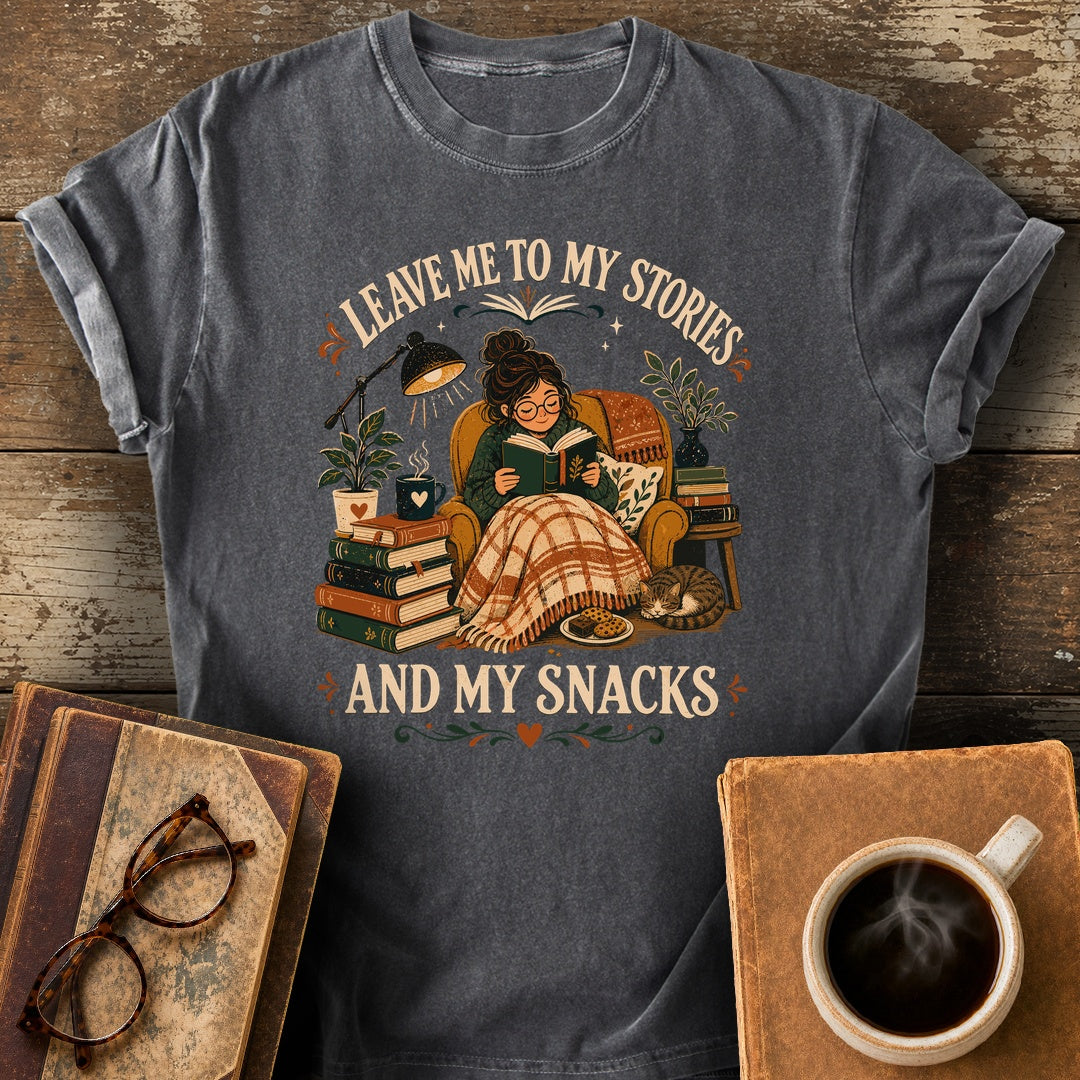 Leave Me to My Stories and My Snacks Tee - pepper shirt mockup