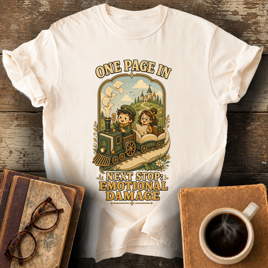 One Page In Next Stop Emotional Damage Tee - ivory shirt mockup