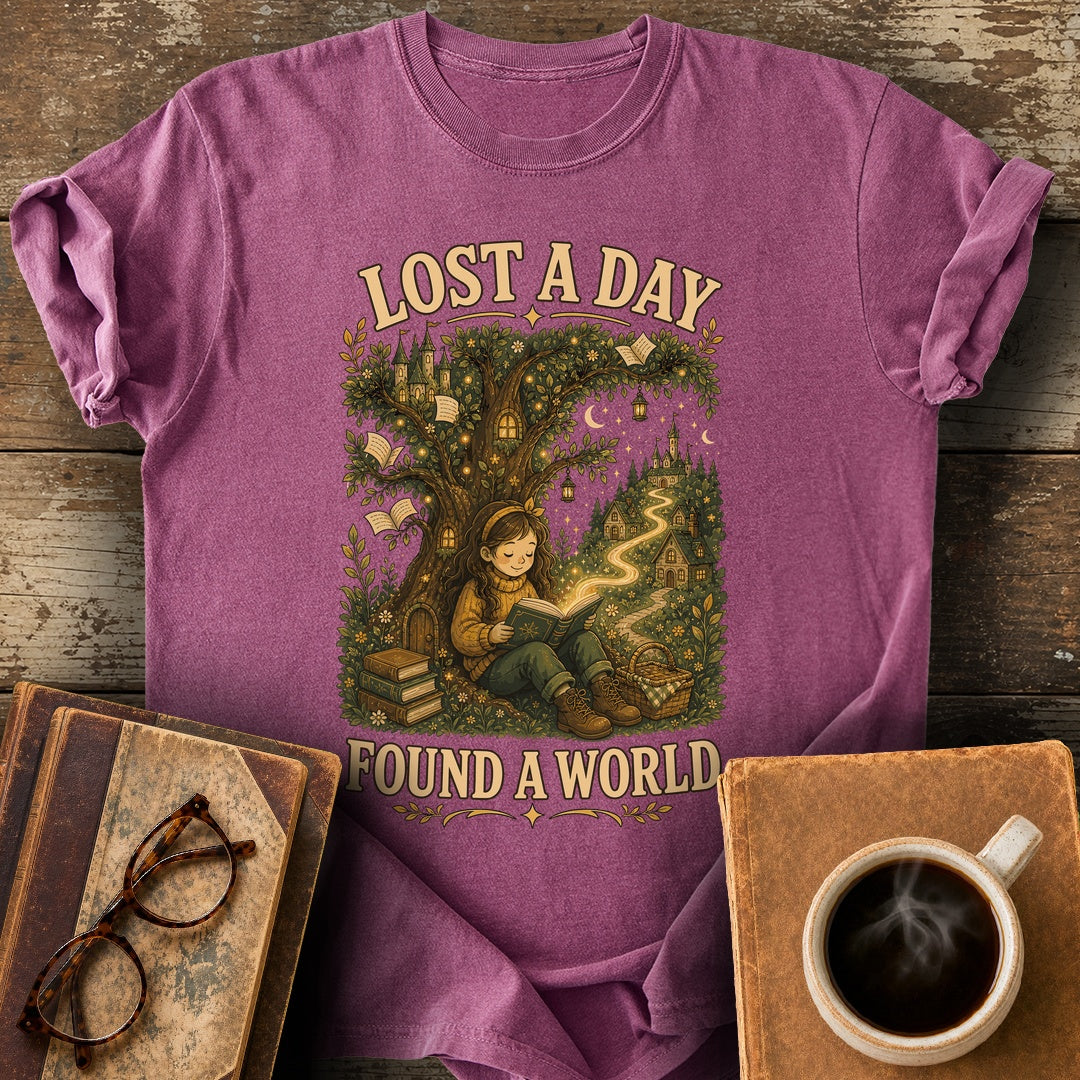 Lost a Day Found a World Tee - berry shirt mockup