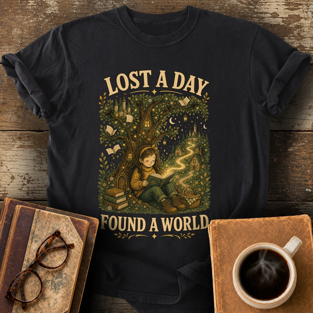 Lost a Day Found a World Tee - black shirt mockup