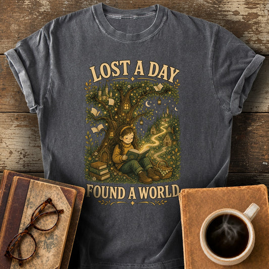Lost a Day Found a World Tee - pepper shirt mockup
