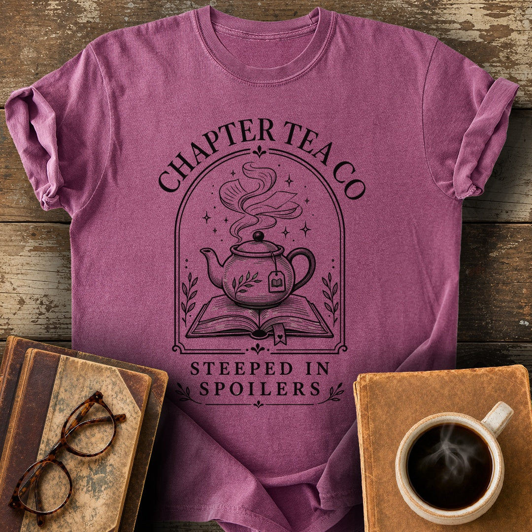 Chapter Tea Co Steeped in Spoilers Tee - berry shirt mockup
