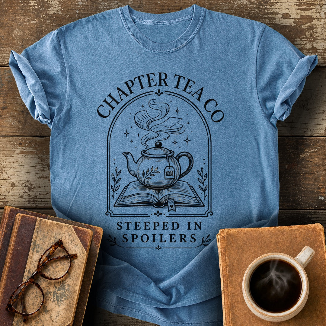 Chapter Tea Co Steeped in Spoilers Tee - blue jean shirt mockup