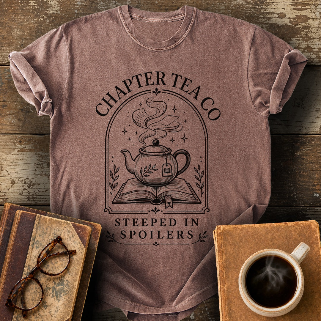 Chapter Tea Co Steeped in Spoilers Tee - espresso shirt mockup