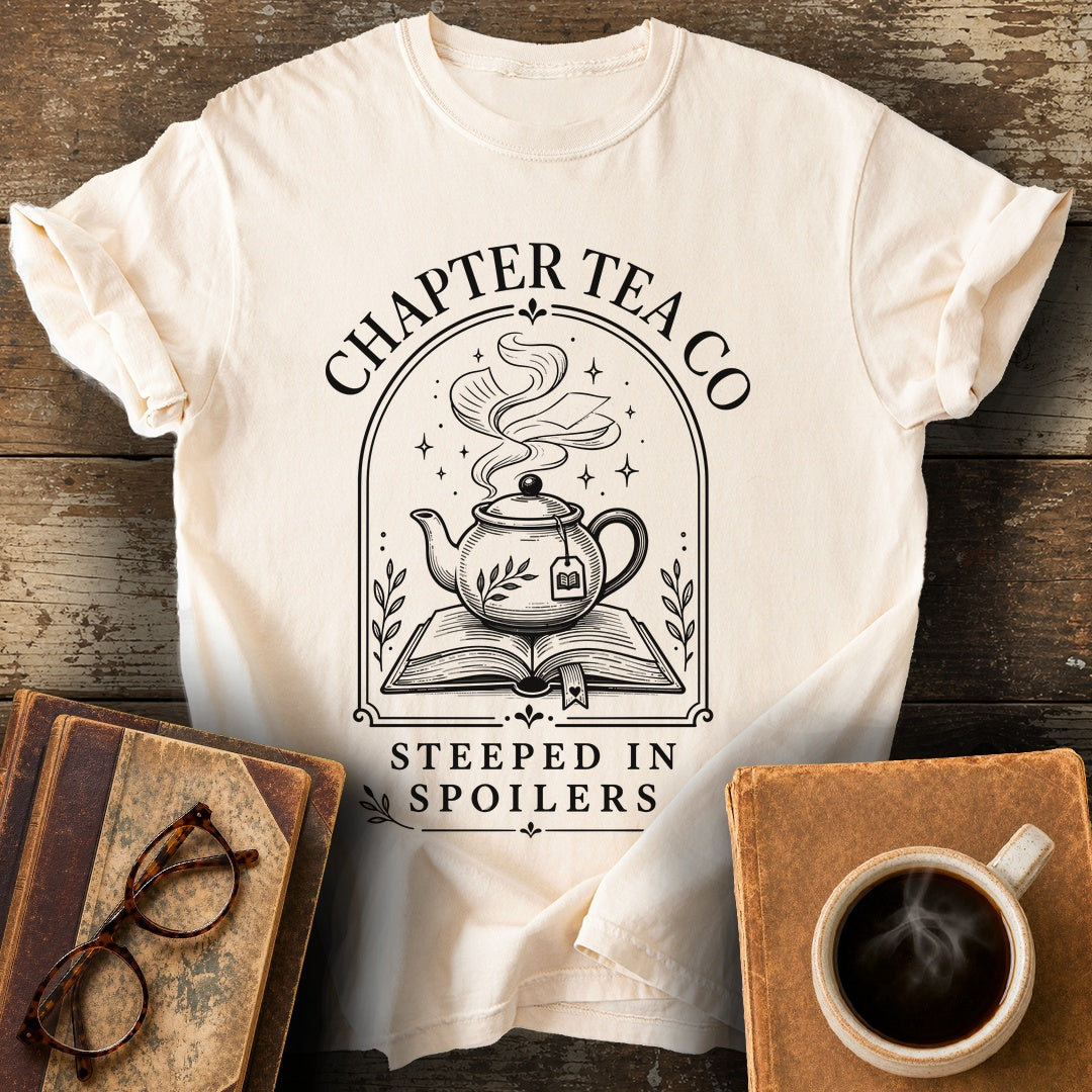 Chapter Tea Co Steeped in Spoilers Tee - ivory shirt mockup