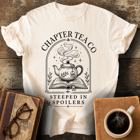 Chapter Tea Co Steeped in Spoilers Tee - ivory shirt mockup