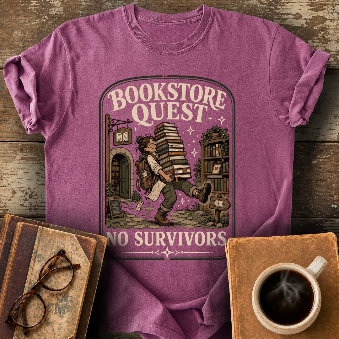 Bookstore Quest No Survivors Tee - berry shirt mockup