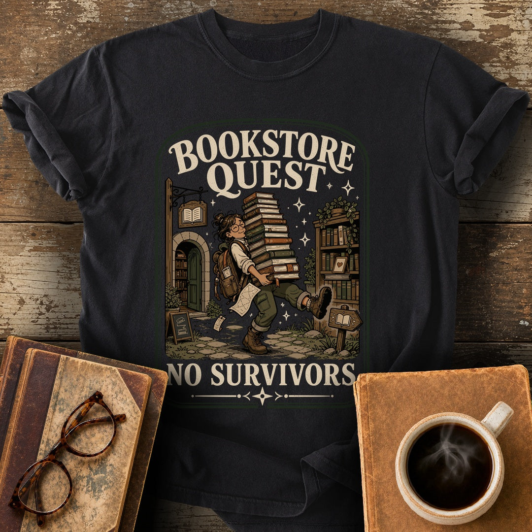 Bookstore Quest No Survivors Tee - black shirt mockup