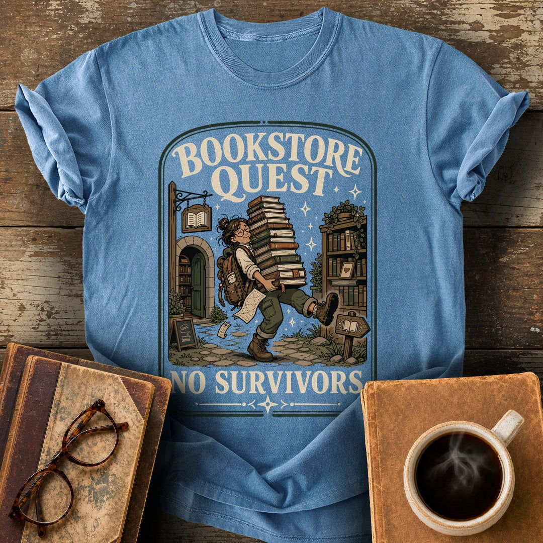 Bookstore Quest No Survivors Tee - blue jean shirt mockup